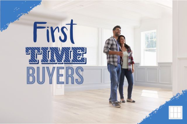 Couple standing in an empty room of their new home, celebrating as first-time buyers in Overland Park, KS, with 'First TIME BUYERS' text overlay