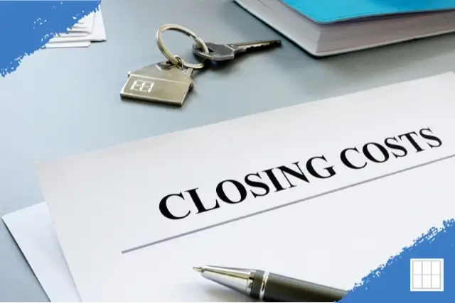 A close-up of a white document with the bold title 'CLOSING COSTS' on a gray desk, next to a pen and a set of house keys on a house-shaped keychain, symbolizing the final stages of a home mortgage process.