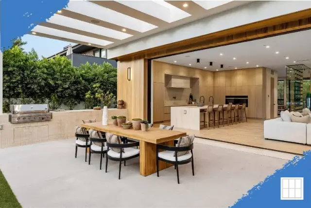 A modern, luxury home patio and kitchen, representing the high-value properties requiring Jumbo Loans in Overland Park, KS.