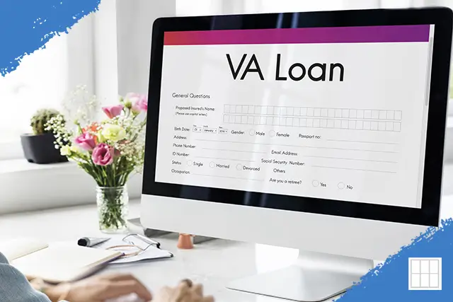 Desktop monitor displaying the VA Loan application form, emphasizing easy online pre-approval for veterans in Overland Park, KS.