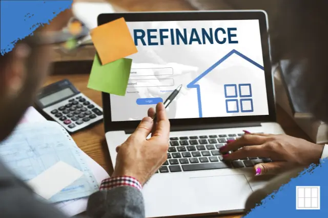 Homeowners reviewing refinance options on a laptop, showing a “Refinance” screen with a house icon