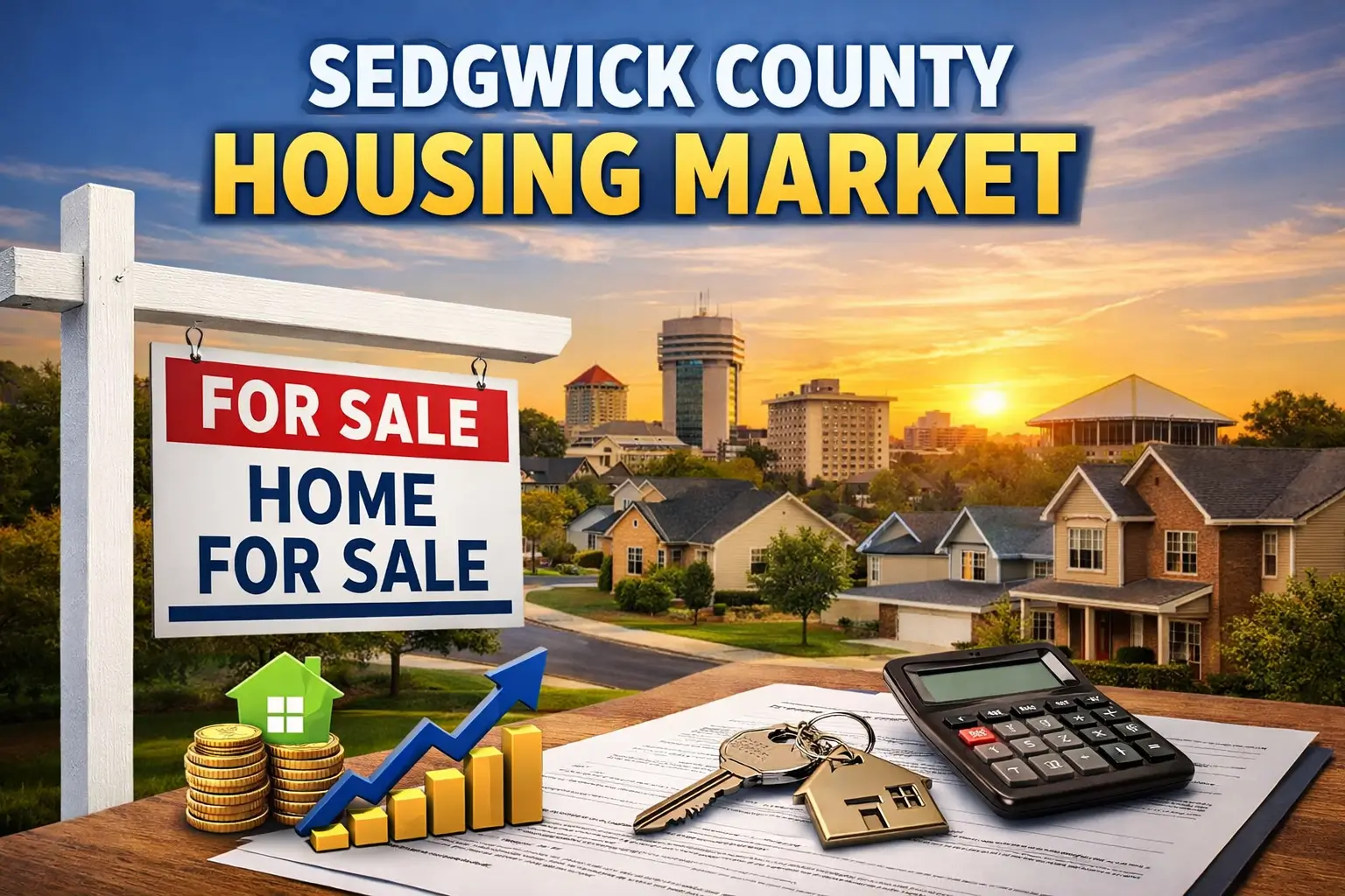 Wichita skyline and residential neighborhood representing Sedgwick County housing market trends for 2026.
