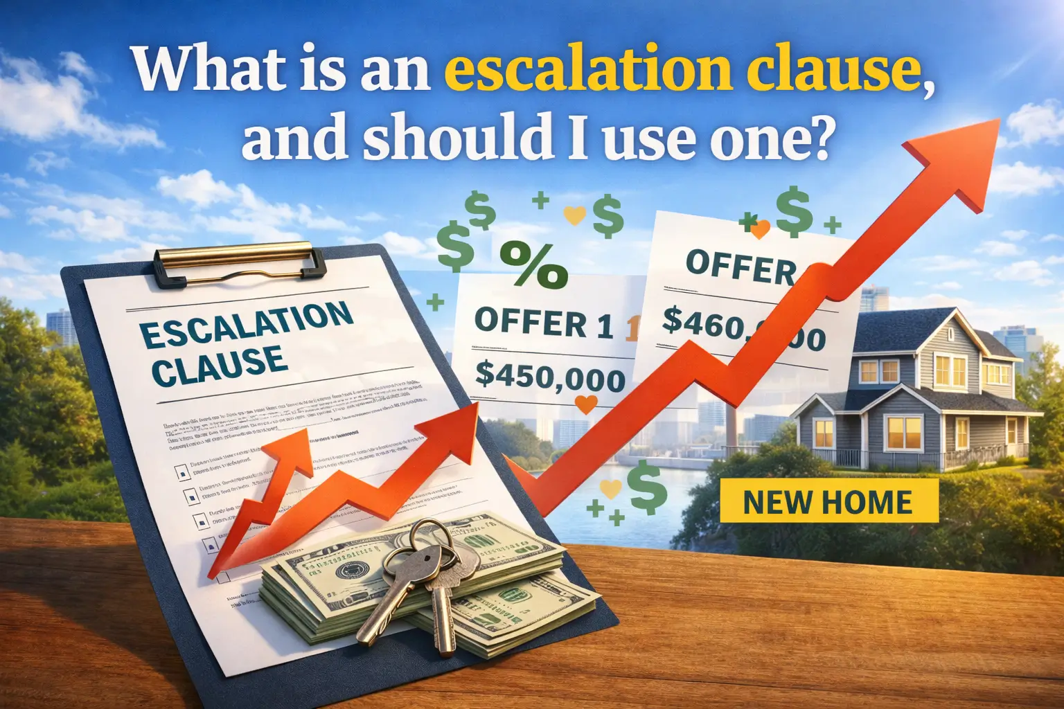 Infographic of an escalation clause contract showing an initial offer of $450,000 increasing toward a $460,000 cap beside a 'New Home'.