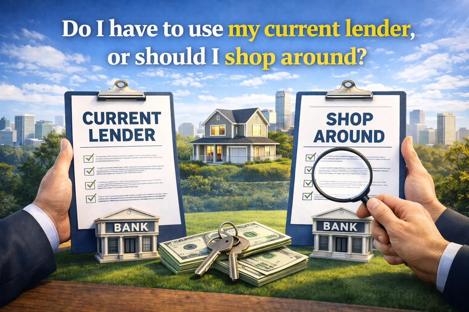 Hands holding two clipboards comparing a 'Current Lender' checklist with a 'Shop Around' checklist next to cash and house keys.