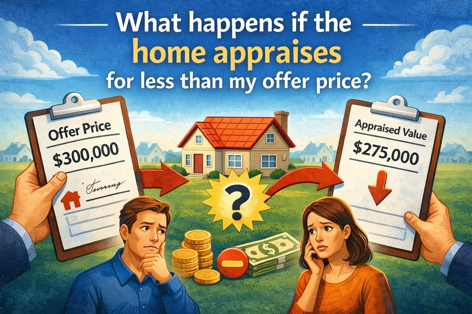 Infographic explaining a mortgage refinance break-even point calculation. A line graph shows monthly savings increasing over time to intersect with a declining line representing upfront refinancing costs like appraisal and closing fees.