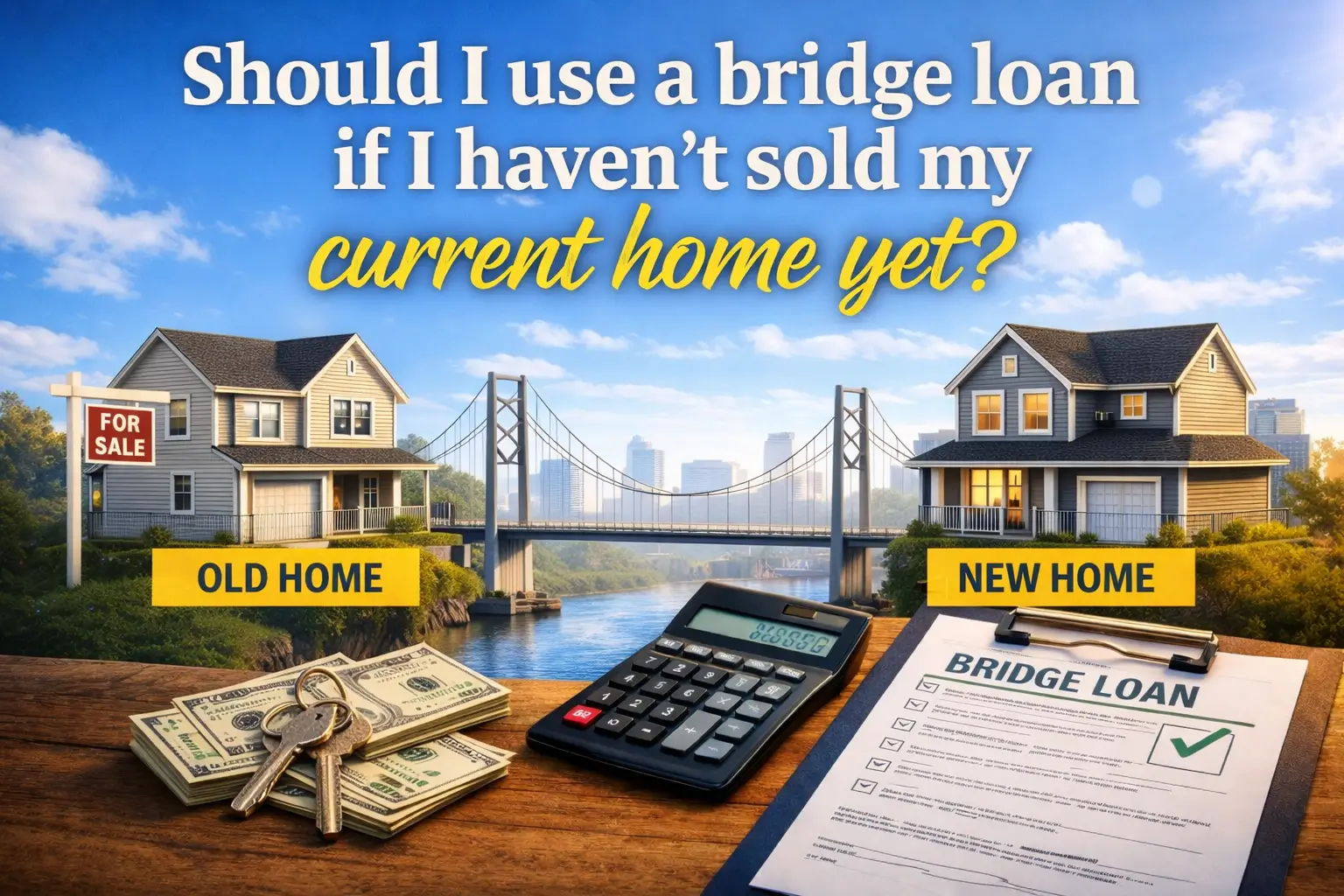 Conceptual illustration of a bridge loan connecting an old home to a new home with a checklist and calculator.